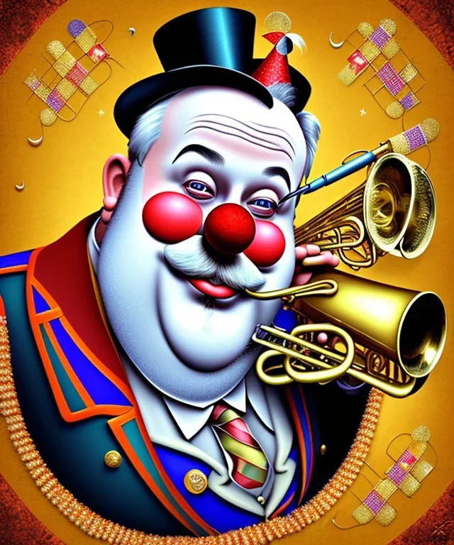 happy old friendly fat clown with round head and trimmed beard playing jazz with a steampunk theme, trumpet, circus, realistic