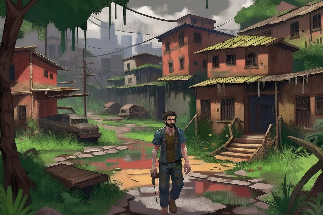 TLOU Town but in the style of Bob Ross's oil painting.