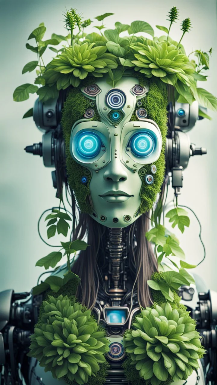 a portrait of a vegan hippie cybernatic robot made of living plants, and having a sentient look in its eyes, like a buddha