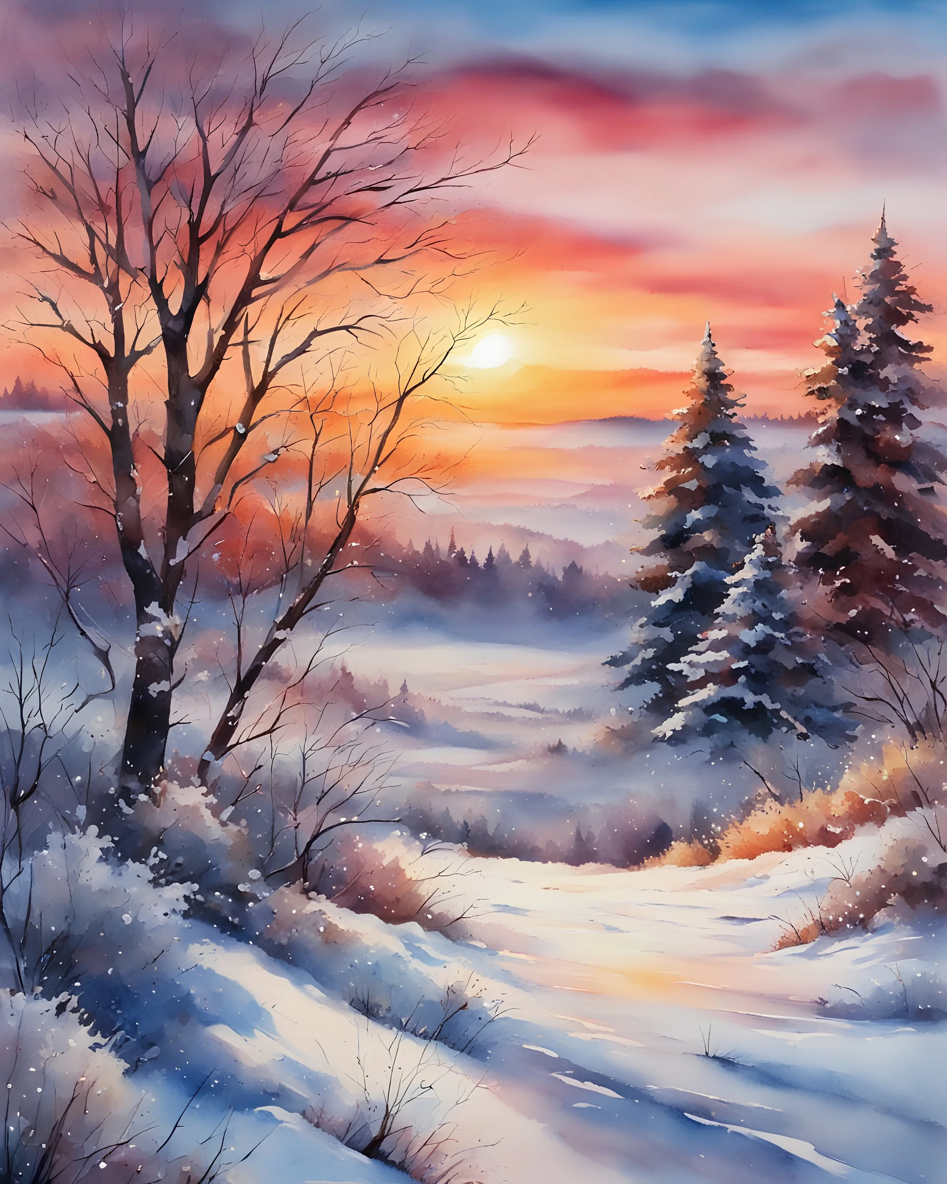 Painting of a snowy winter sunset on the plain, Snowfall, watercolor painting, watercolor painting style, beautiful painting, Bob Ross style, winter, snow, sunset, vibrant colors, masterpiece, detailed watercolor details, high quality, 4k