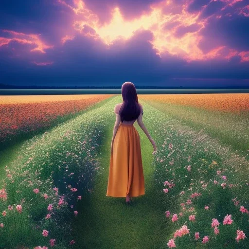 woman standing in flower field, sunset, short brown hair, back view, green dress, windy, sunshine