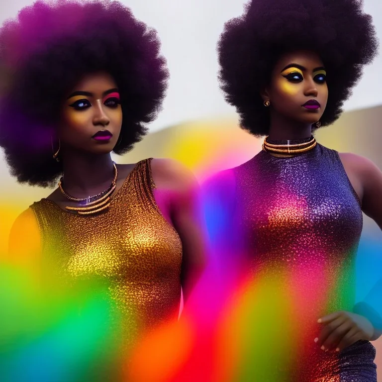 full body shot, masterpiece, best quality, family of three, dark skinned, sparkling eyes, fluorescent skin, colorful makeup, afro, highly detailed body, afrofuturism, scifi, sun light, 4K, RAW, depth of field, high contrast, realistic details, 24mm