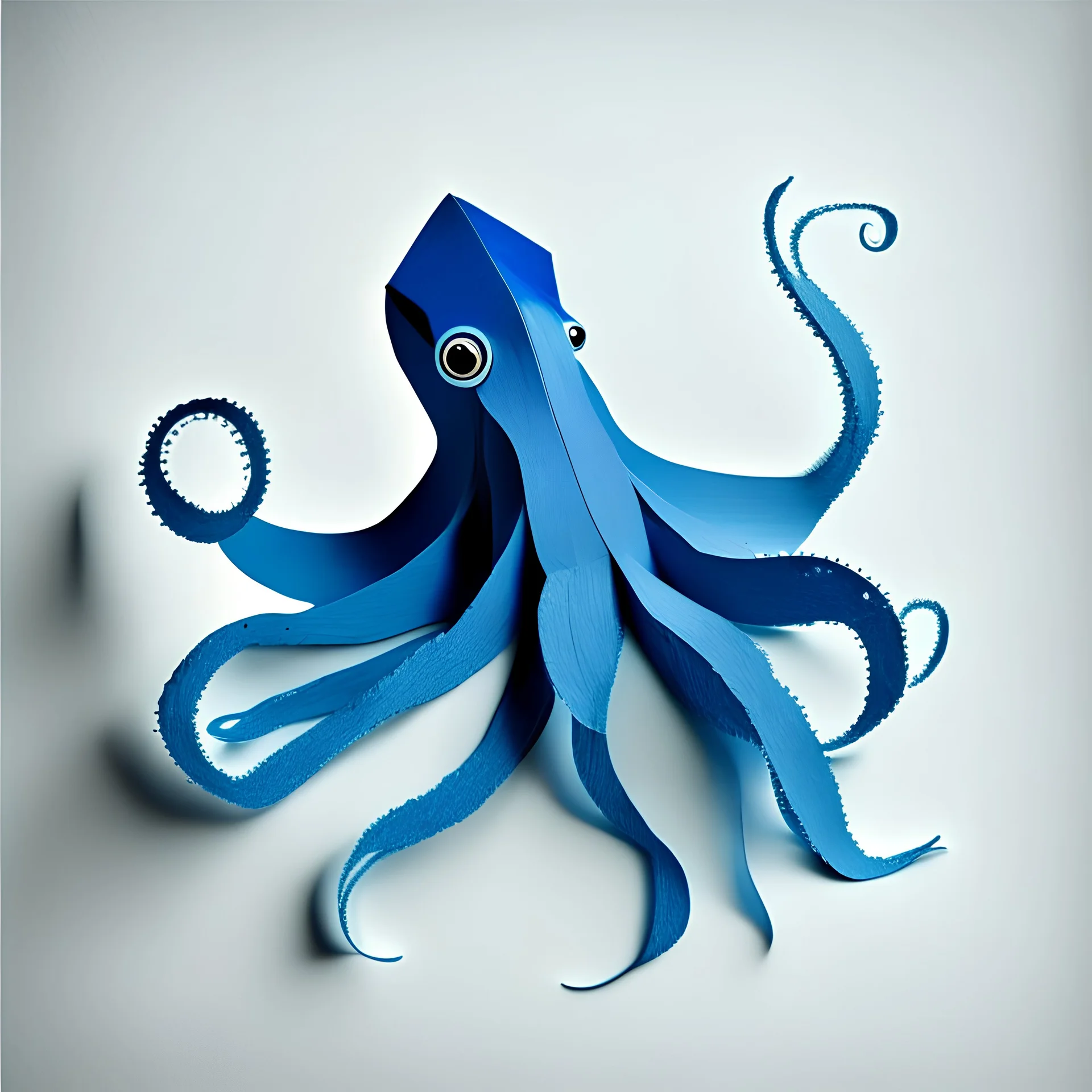 blue squid, made of paper, simple, paper texture, with long thin tail