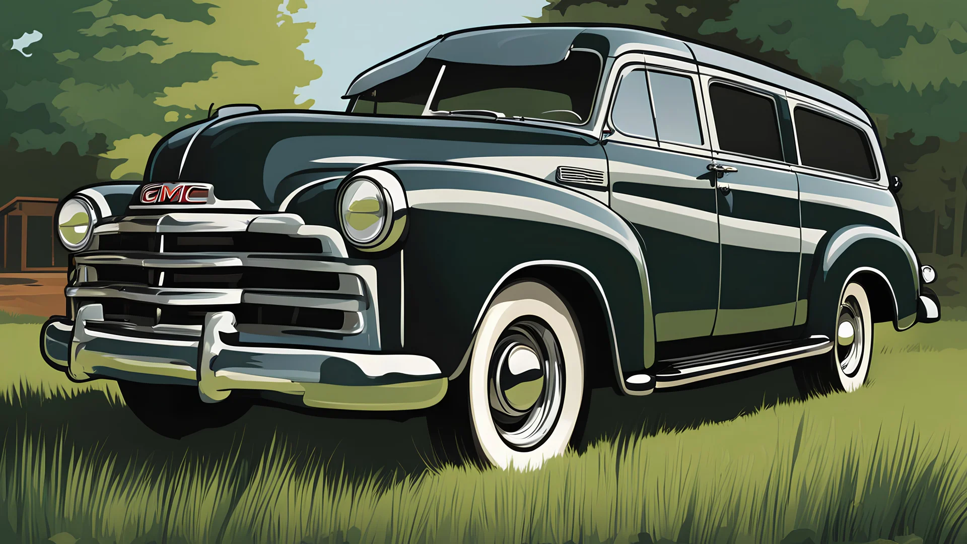 1952 GMC Suburban Carry All Wagon portrait in the style of a illustration drawing, simple line