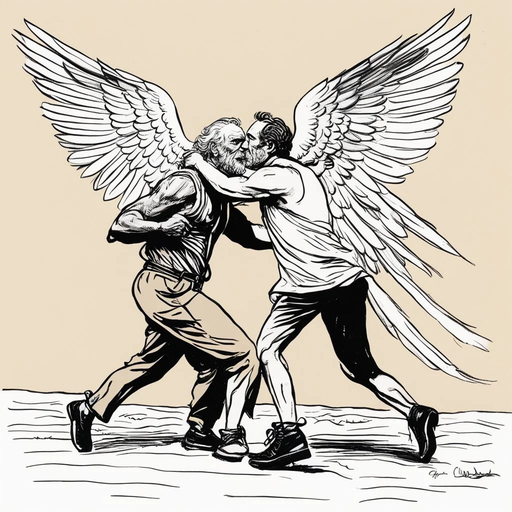 [art by Charles Bukowski] Jacob wrestling with angel