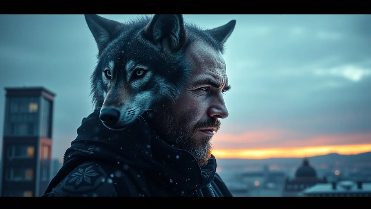 Double exposure, Wolfman, photorealism, man, city, sunset, snow, rain, fantasy, mystical, tattoo, vertical pupils, high detail, high resolution, 8K
