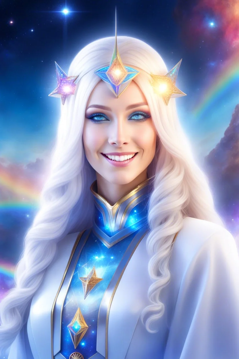 cosmic woman smile,galactic fédération, admiral from the future, one fine whole face, crystalline skin, expressive blue eyes,rainbow, smiling lips, very nice smile, costume pleiadian, Beautiful tall woman pleiadian Galactic commander, ship, perfect datailed golden galactic suit, high rank,rainbow hair, hand whit five perfect detailed finger, amazing big blue eyes, smilling mouth, high drfinition lips, cosmic happiness, bright colors, blue, pink, gold, jewels, realist, high,ufo,butterfly rainbow,