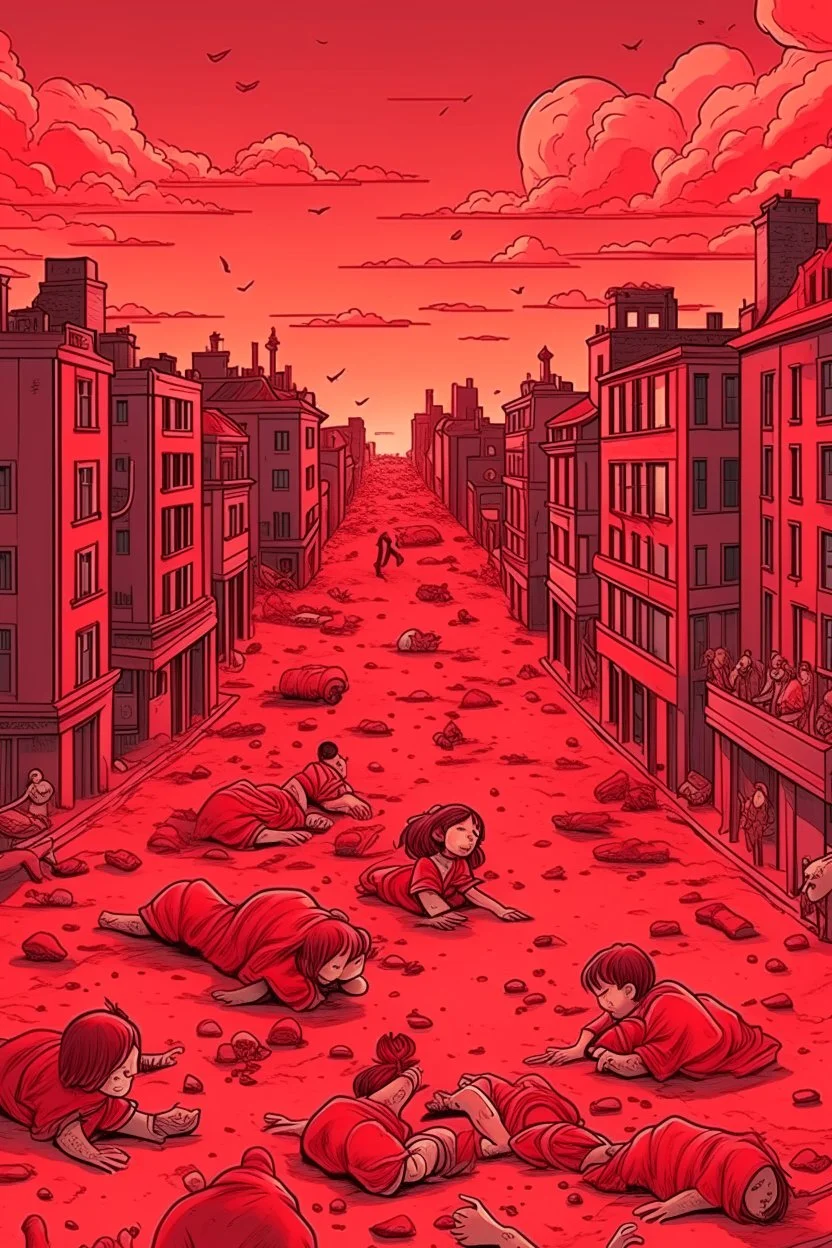 a big City, red clouds in the sky with many dead children laying on the ground