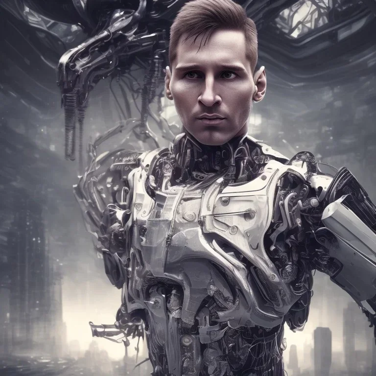 portrait post-apocalypse perfect face lionel messi cyborgs in a cyberpunk city, sci-fi fantasy style, 8k,dark