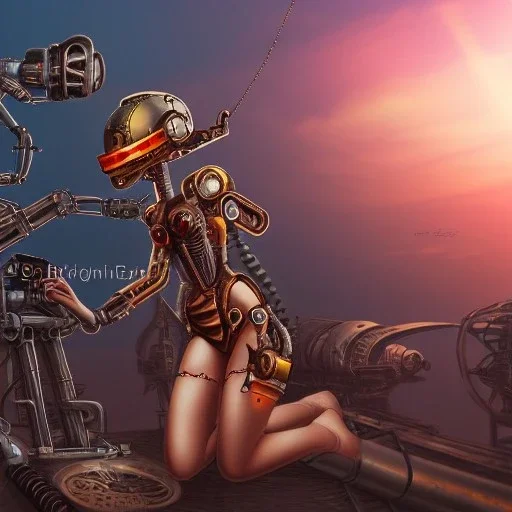 great illustrator, spanish, pencil sketch of a cute spanish girl kissing a cybergirl. steampunk style. Helmet with tubes. Girl with wings. Machinery in the background. Robotic bird flying. High details. 4k. unreal engine, sunset