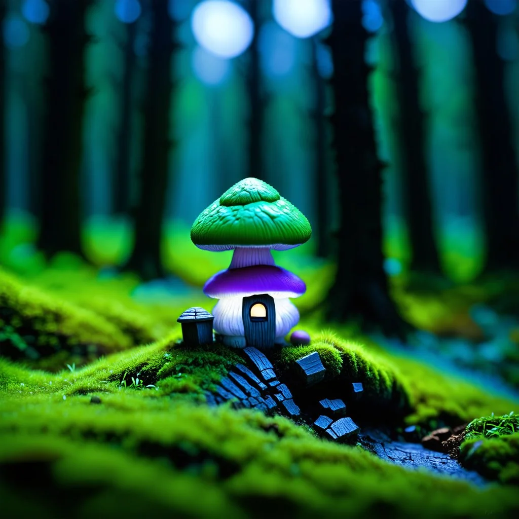 "Close up of a wonderful tiny Mushroom Tower home. green and purple with bright white, deep black and contrasting tones of gray. Illuminated bioluminescent forest. Professional painter, master at composition. small but detailed. broken, blurred background, voluminous lighting"