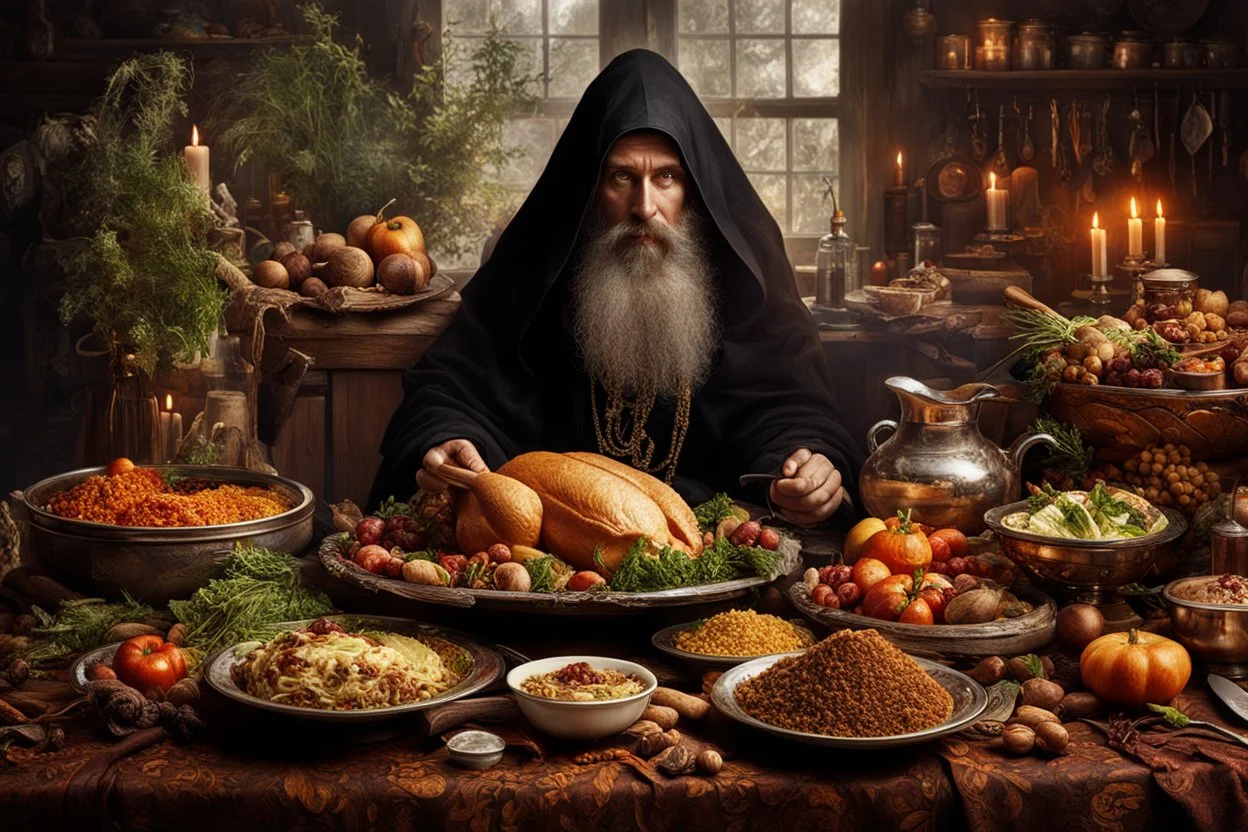 Mystical mad monk Rasputin legendary figure of Russian folklore, sitting at a messy food laden oaken table, wild mad eyes crazily wide, beard filled with food and spittle, dramatic kinetic energy encapsulated, digital illustration accentuating intricate Russian motifs, traditional costumes brimming with details, hyper-realistic, high contrast lighting, ultra detailed, historic