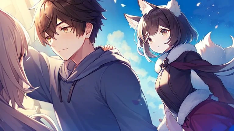 Girl, boy, boy's brown short hair, boy's bunny ears, girls' fox ears, long tails