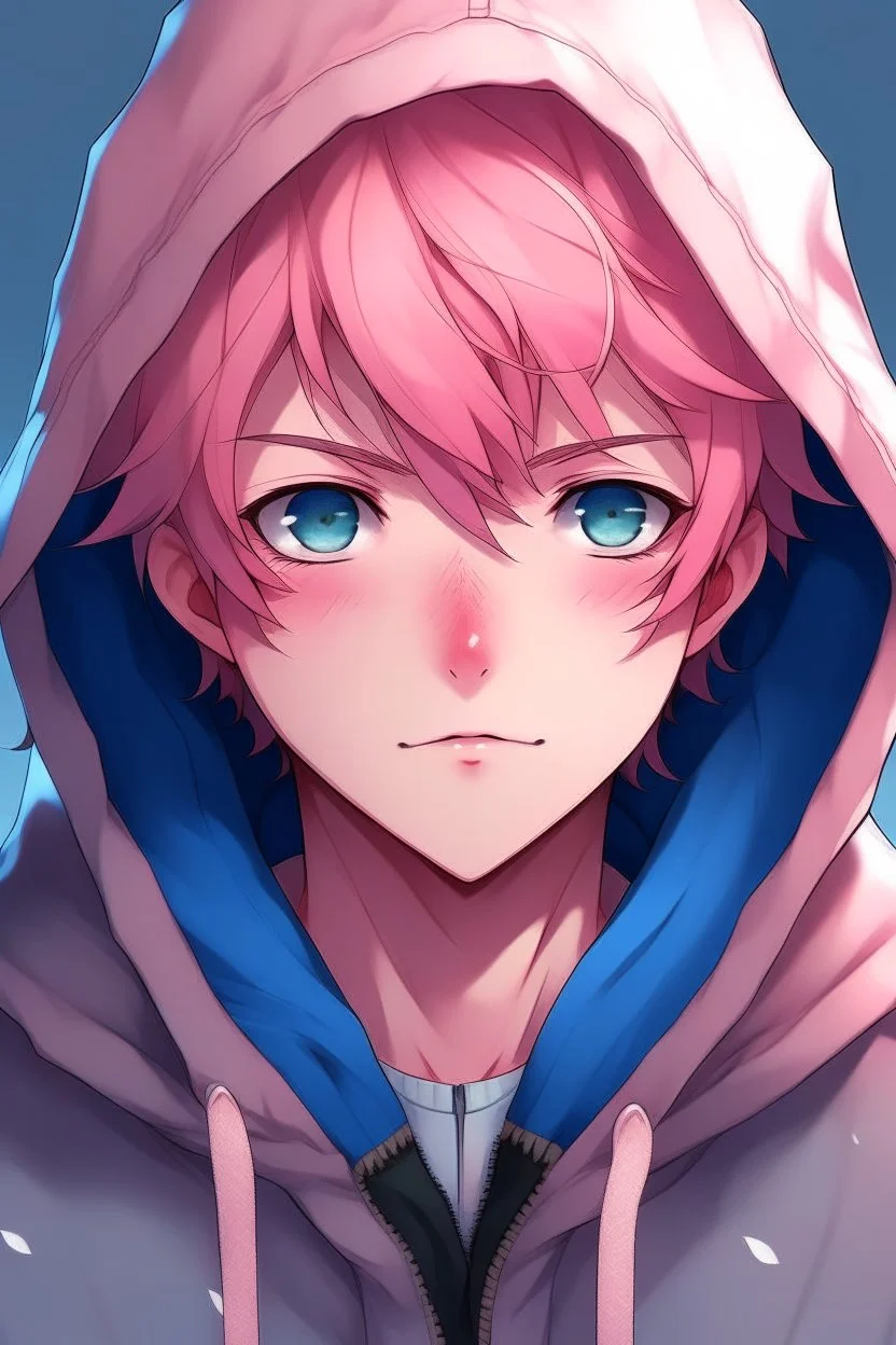 An anime man with messy short pink hair and blue eyes wearing a hooded jacket Realistic.