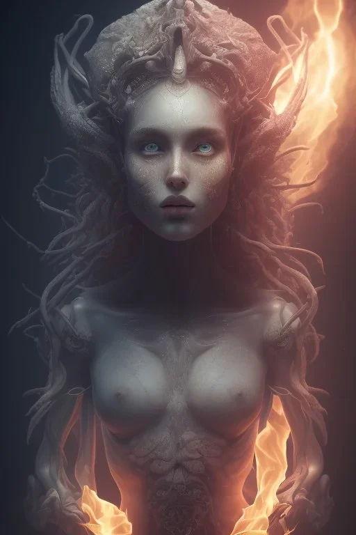 portrait photography of an ethereal beautiful animal goddess, Fire theme art, Dark moody night atmosphere, Portrait of a woman by Michelangelo, 8K, close-up face, anatomically perfect face, oak tree roots, ignore NSFW