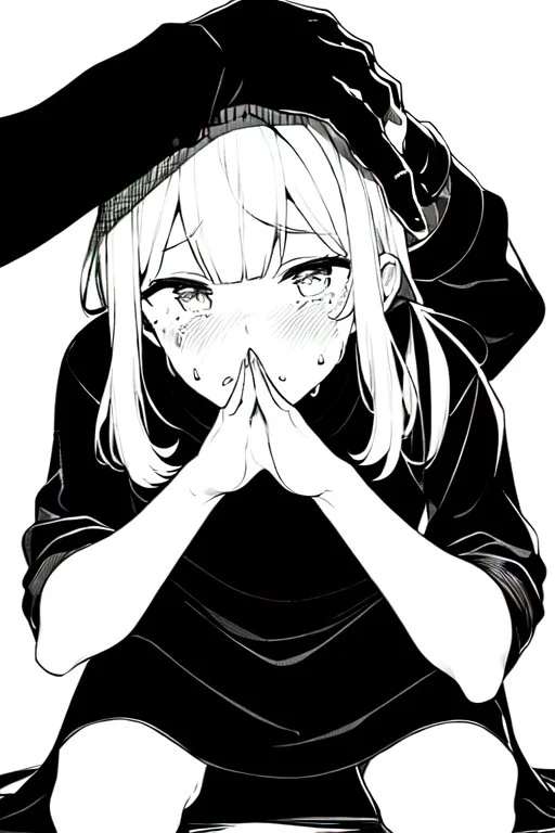 little blonde girl cries crouched down with hands on her head., grayscale