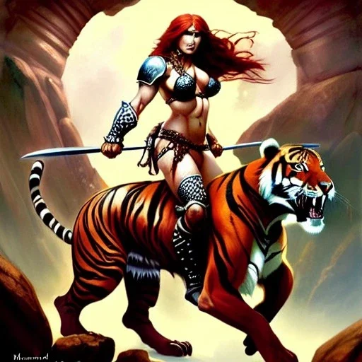 ultra detailed portrait of beautiful Red Sonja riding a Great tiger ,wearing plate armor, extremely detailed digital painting, in the style of A.J. Manzanedo and Robert Howard and Earl Norem and fenghua zhong and ruan jia and jeremy lipking and peter mohrbacher, mystical colors, rim light, beautiful lighting, 8 k, stunning scene, raytracing, octane, trending on artstation