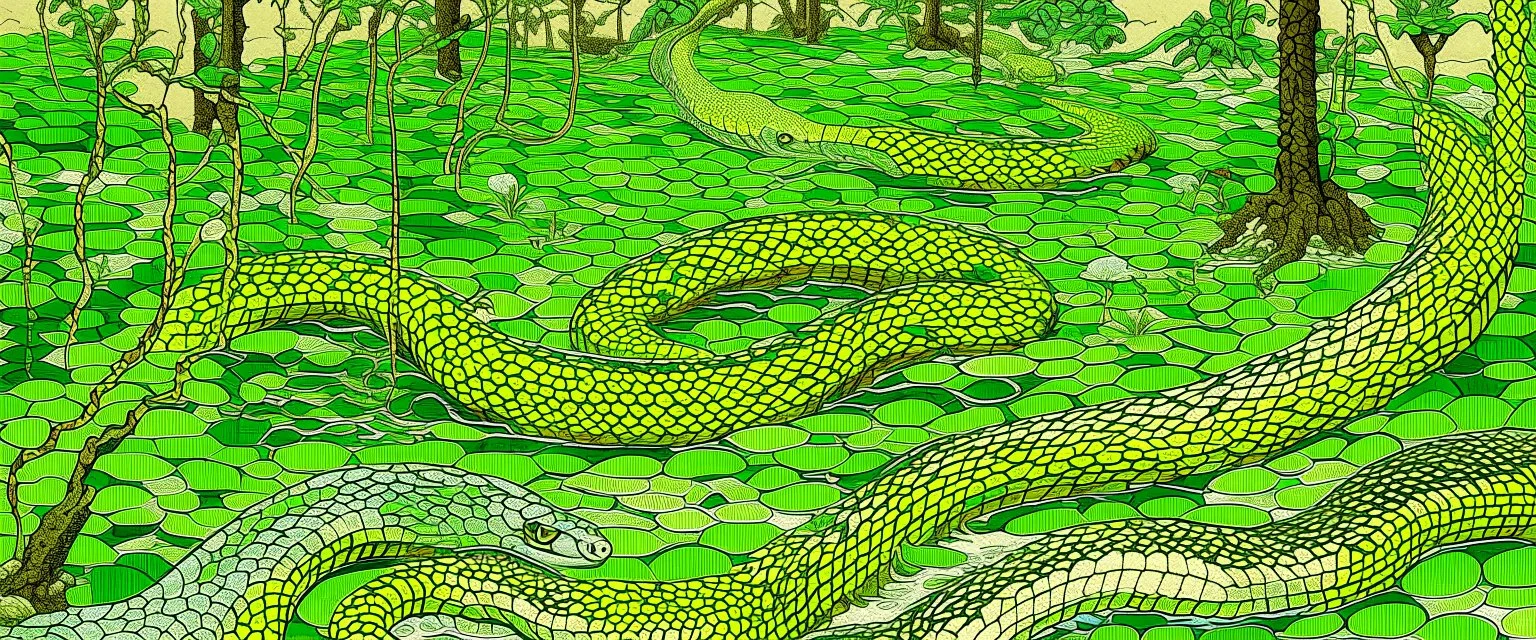 A lime green toxic swamp with snakes designed in ancient Roman mosaics painted by Utagawa Hiroshige