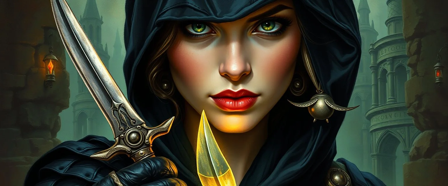 oil paint and airbrush, upper body portrait of clever crow vintage mustache cloaked assassin thief quickling juggler weird pretty woman with Damascus steel sacrificial dagger in then elven magical green city of Forgotten Realms, myth drannor