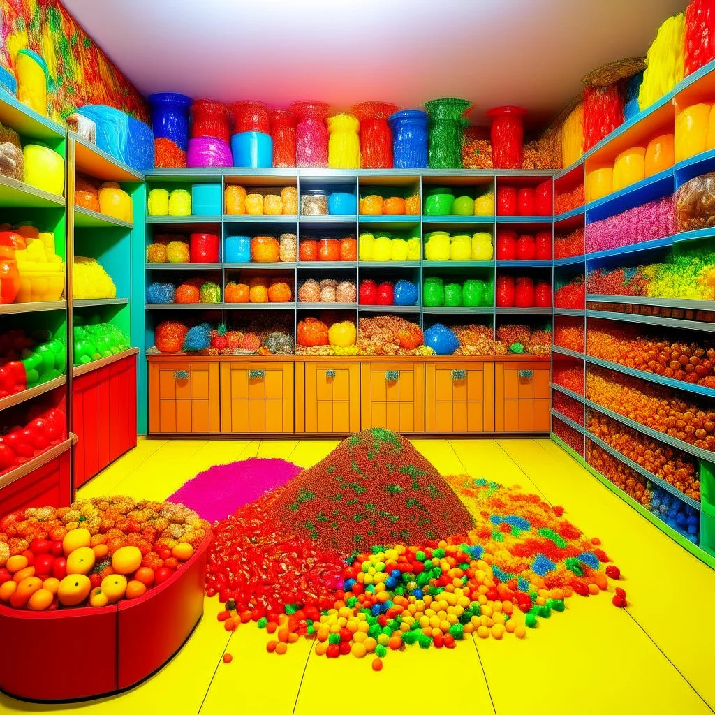 Bright Studio,What steal the smelling of food, covered in multi-colored food or snack, fashion items made out of food or sanck, food or sanck covering space, background has two walls with multi-colored food or snack