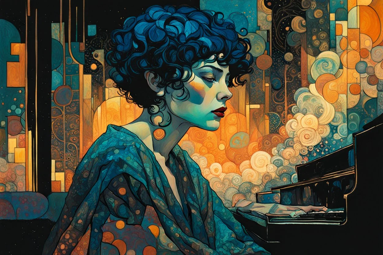 create an abstract expressionist, highly ethereal, darkly magical illustration of a deeply sorrowful, woman with short cropped hair, at her piano in a smokey nightclub, with highly detailed and deeply cut facial features, in the style of GUSTAV KLIMT, PABLO PICASSO, combined with the comic art style of BILL SIENKIEWICZ and JEAN GIRAUD MOEBIUS, searing lines and forceful strokes, precisely drawn, boldly inked, and darkly colored