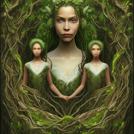 Painting .three women. A mother. Two daughter. Twins. A mother with her children the faces of three young black women. wood nymphs emerging from the forest. Her hair looks like vines. Dreadlocs. Her skin is the colour of dark soil. Her skin looks like tree bark. Her clothing is made of vines, grass and leaves.