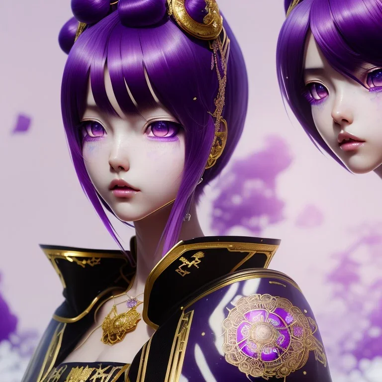 Detailed cute anime girl, purple hair buns, purple bangs, black latex bodysuit, intricate details, full body portrait, keep head in frame, slight smile, black Japanese motif, concept art, highly detailed, digital painting, concept art, sharp focus, illustration, art by Yoji Shinkawa, WLOP and greg rutkowski and alphonse mucha and artgerm and yanjun Chen and Junji ito and Makoto Shinkai, HDR, octane render