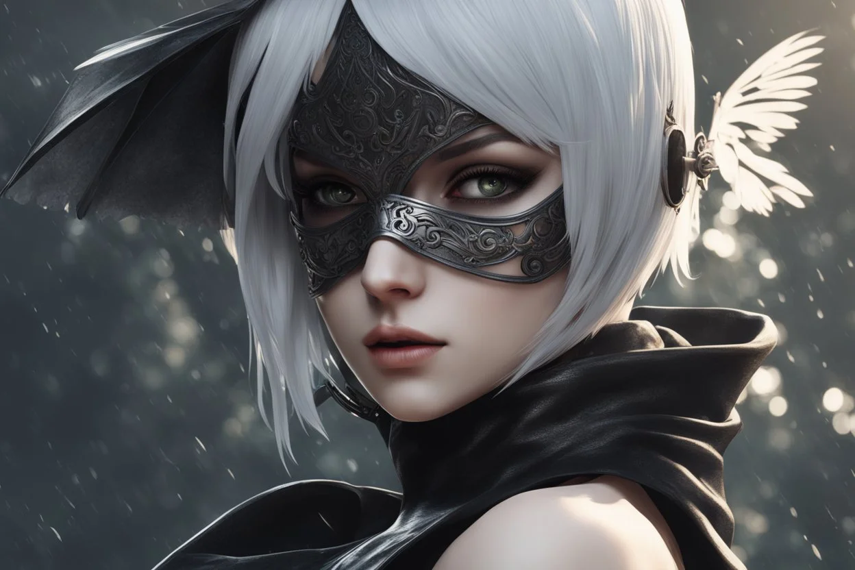 Hot 2B with mask in 8k nier automata artstyle, 2B them, 2B Custom, close picture, rain, fantasy world, intricate details, highly detailed, high details, detailed portrait, masterpiece,ultra detailed, ultra quality