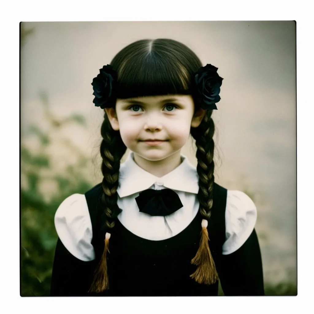 wednesday addams as a child, braids, frange, with black roses, worn polaroid, 1970s
