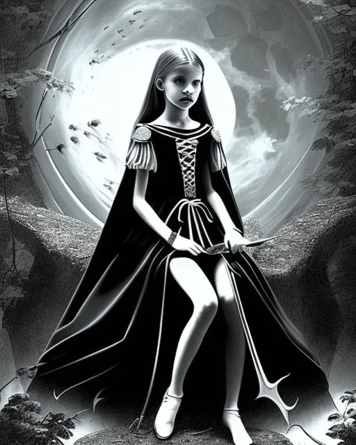 A young vampire girl sitting on a great throne, black and white