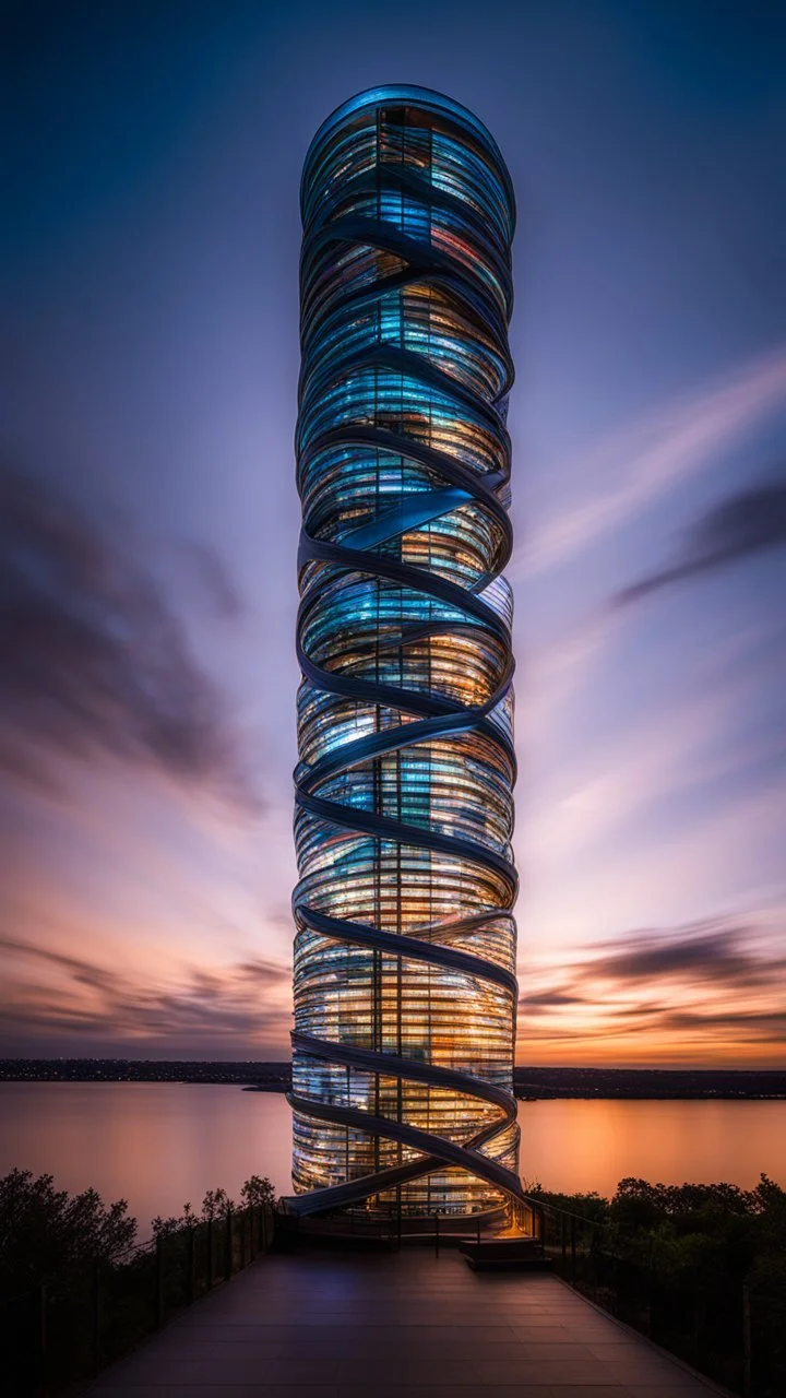 94614, delightful, sensitive, confident, iridescent double helix tower, delicate, nocturnal, architecture, award-winning photograph, beautiful composition, filled with beautiful detail, delicate colour, chiaroscuro