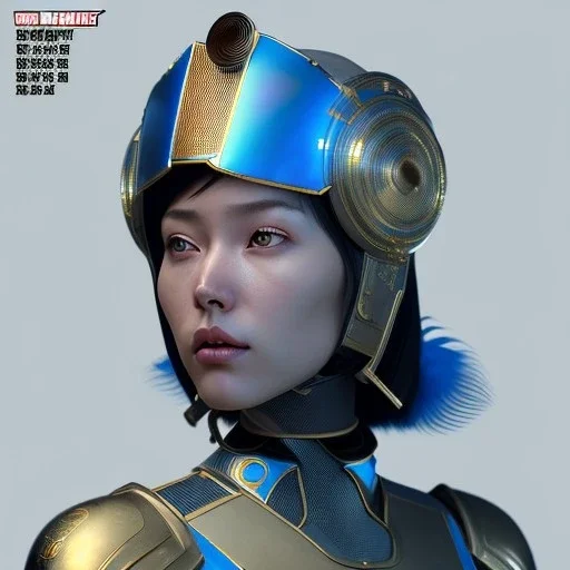 woman, asian, blue, round helmet, decorative color feathers, retro futuristic, latex coat, soft color, highly detailed, art stations, concept art, smooth, unreal engine 5, god rays, ray tracing, RTX, lumen lighting, ultra detail, volumetric lighting, 3d, finely drawn, high definition, high resolution.