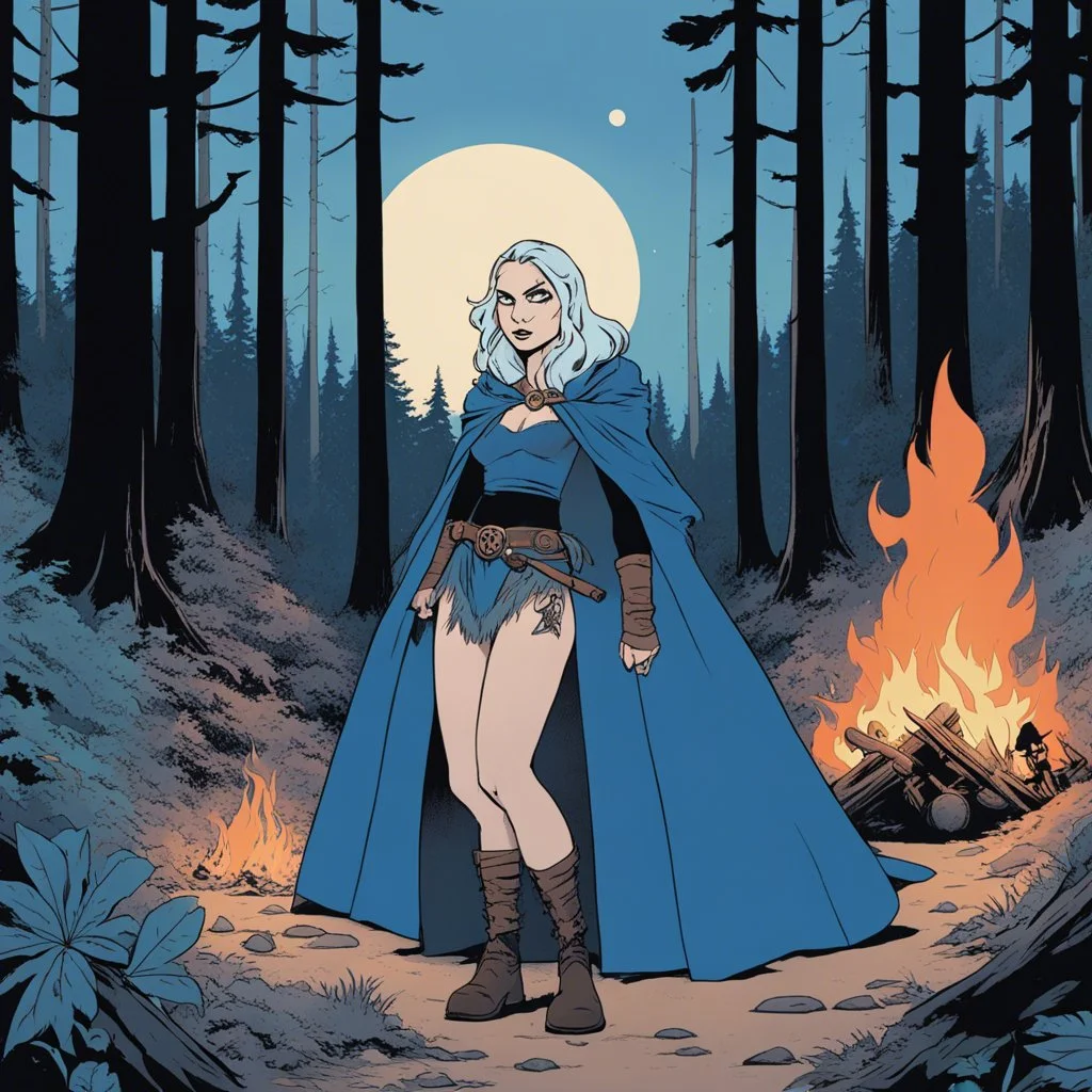 [comics Head Lopper style by Andrew MacLean] Agatha the Blue Witch around a firecamp in the enchanted forest