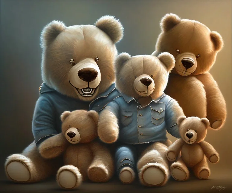 boy and big teddy bears. oil on canvas