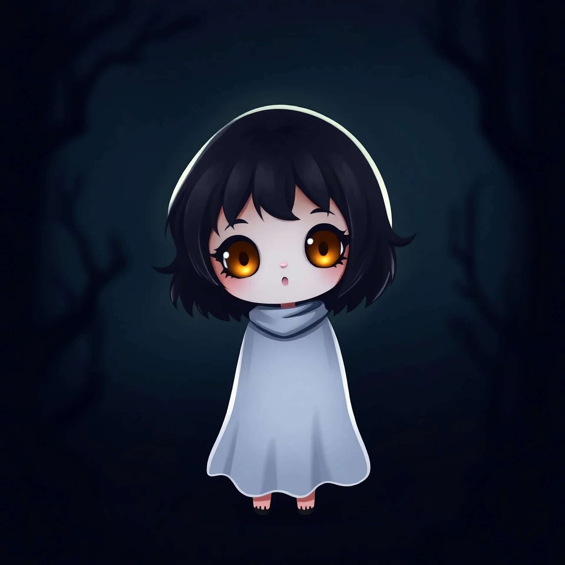 Cute little girl ghost cartoon fantasy night black made of shadows with orange eyes no background