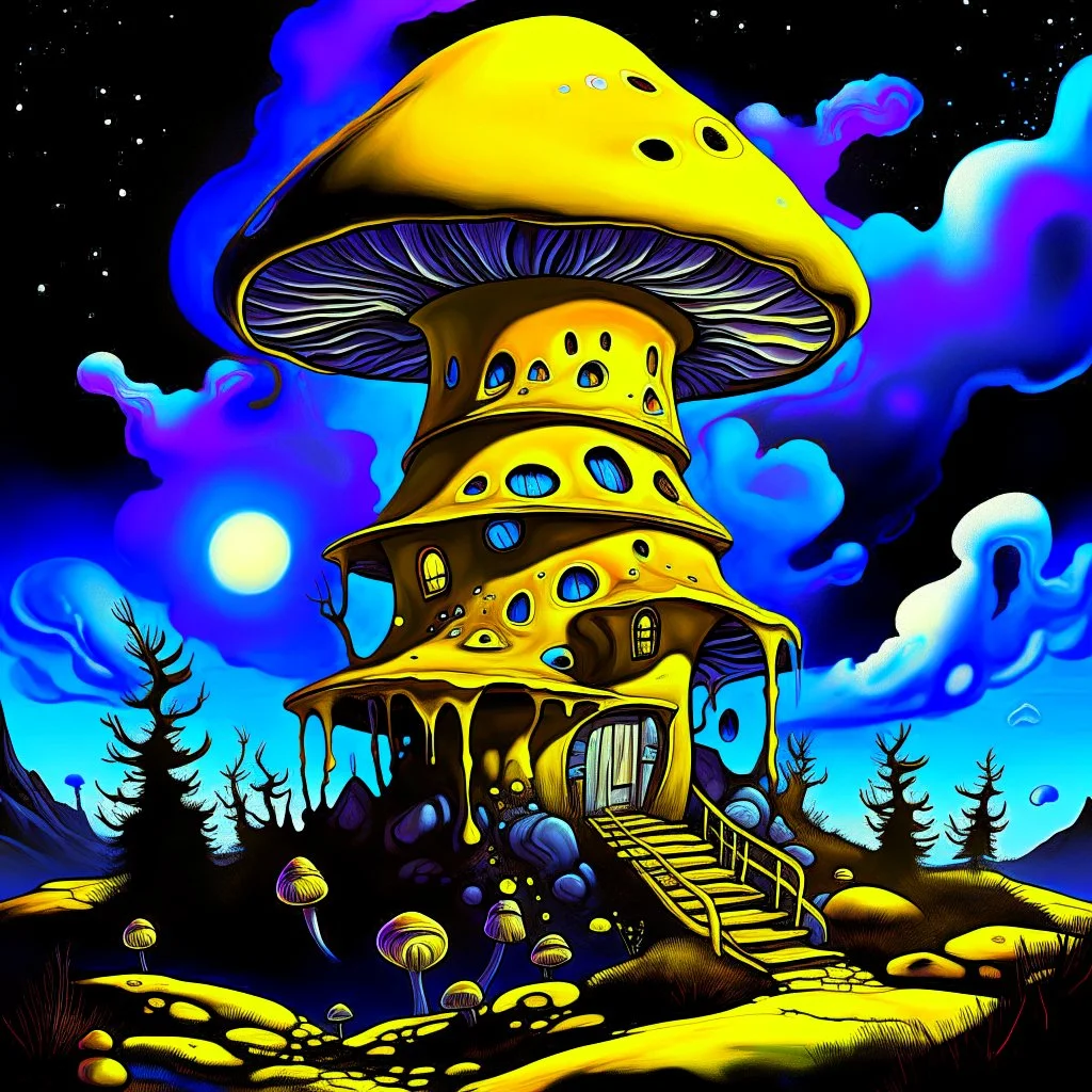 A fantabulous black, yellow, and blue (((mushroom tower house))) erected atop a (geologic pillar), surrounded by the uncanny imaginative ((( swirling skies))), offset by the stark hues of a (neon-tinged nebulous space scape), within. captured by the hand a skilled master painter with a focus on (softly blurred compositions and voluminous lighting).