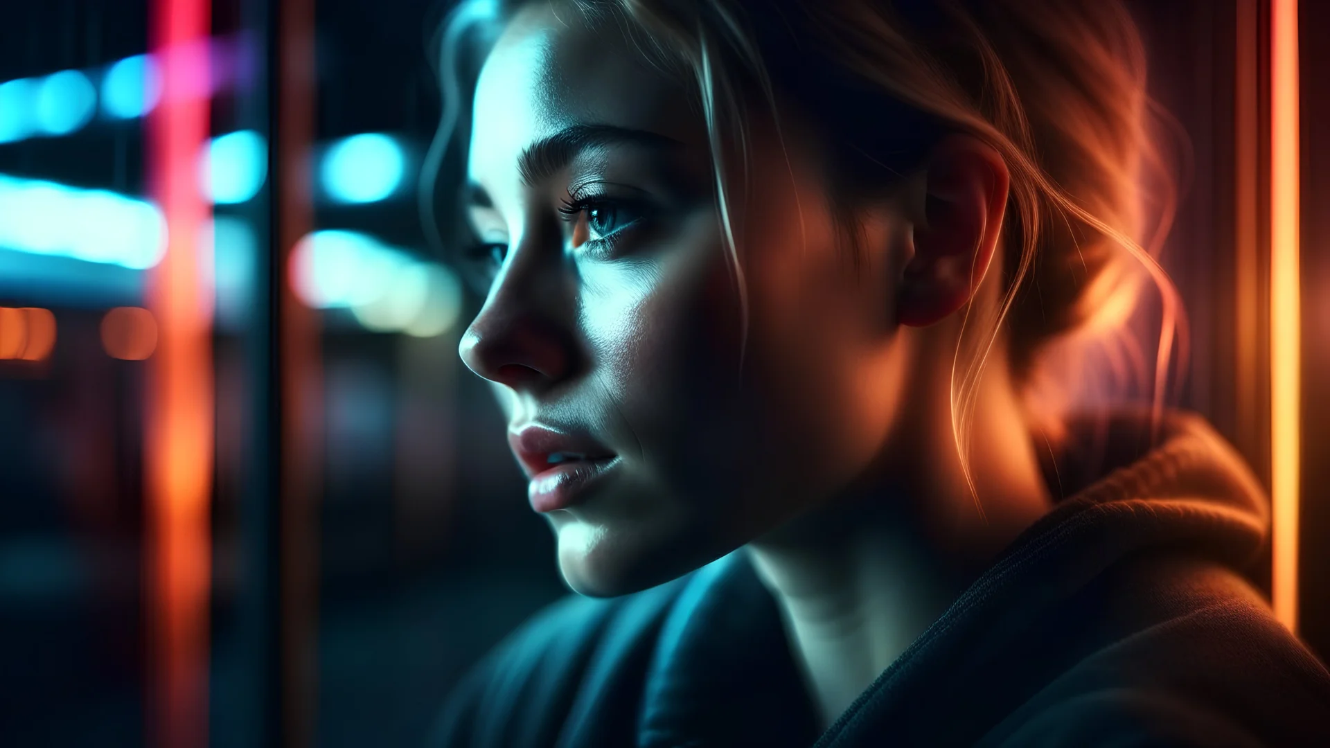 Photoreal magnificent neon vibes woman confessing her love, as seen through a glass, by lee jeffries, photorealistic, bokeh masterpiece smooth shading, ultra detailed, high resolution, cinematic, unreal 6, subtle shadows, octane render, 8k, cinema 4d, HDR, dust effect, vivid colors