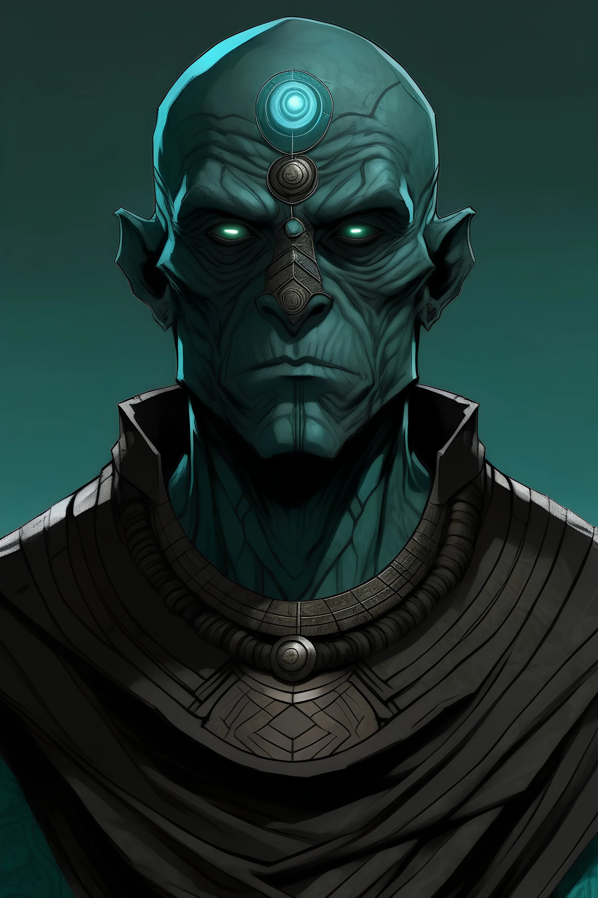 Goliath, monk, humanoid, 10 feet tall, teal eyes, 25 years old, black