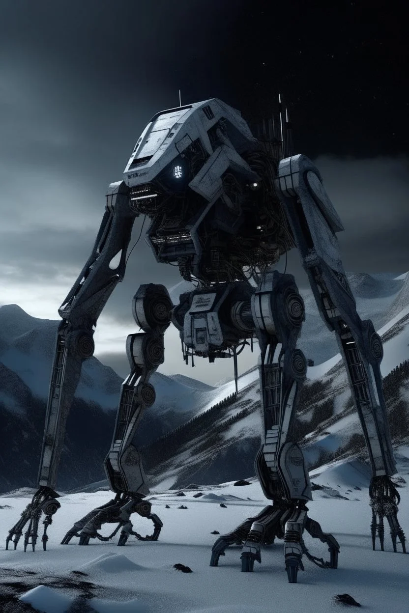 I want an image of a eight legged mechanical walker mech scaling the side of mout everest at night, it has a smooth surface, it has storage pods on its belly human can fit in the pods, it is covered with camera arrays