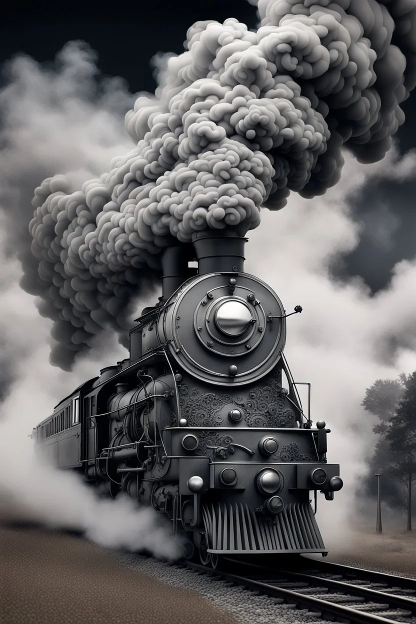 A steam train made of swirling smoke, with intricate patterns and designs on the locomotive's body. The artwork uses focus stacking and digital art techniques to create a surreal and detailed background. The dark, white and gray style depicts hyperrealistic sculptures and hyperdetailed illustrations of surreal and dreamy landscapes in the style of hyperphotorealism. Silver, black and grey colors are used.