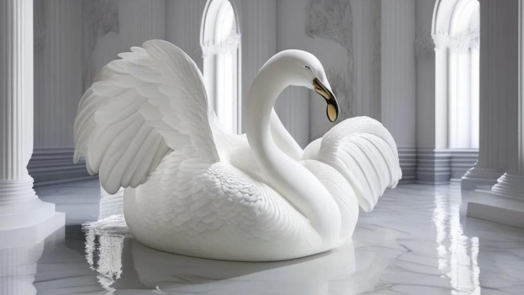 hyper realistic render of a swan carved out of white marble, sculpture is displayed inside of a big art exhibit