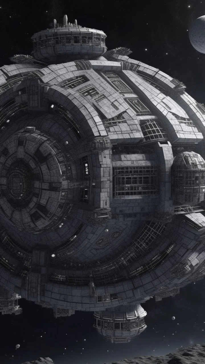 A gray space station in a dark galaxy with asteroids designed in ancient Greek mosaics