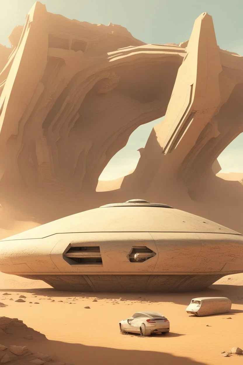 A sleek Spaceship landing in a ruined alien desert city