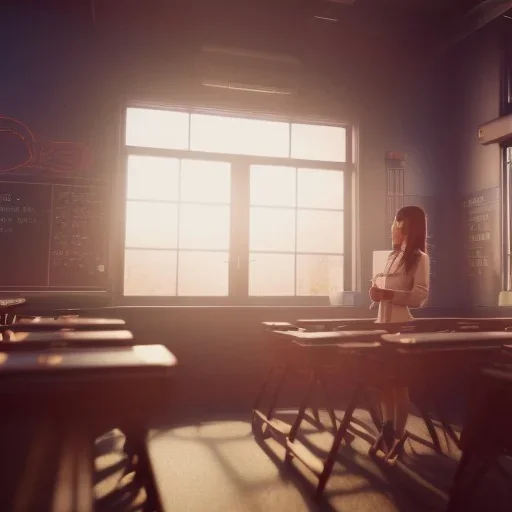 Study girl in classroom ,movie, real photo realistic, unreal engine, cinematic lighting --ar 1:1 creative