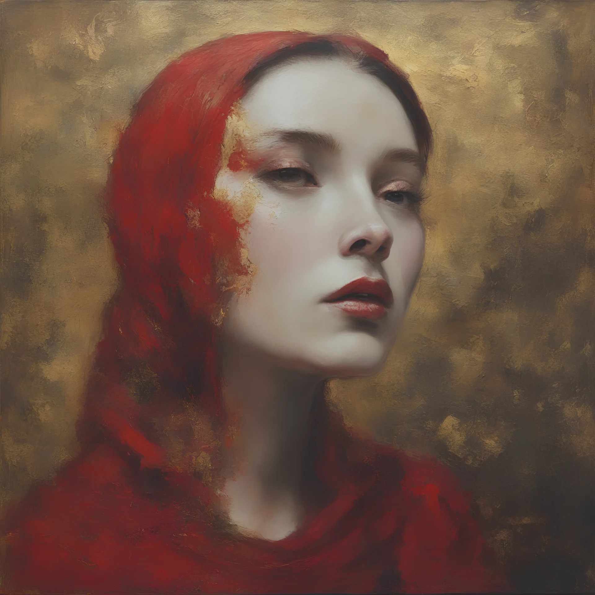 Tableau rouge, peinture au couteau, à l'huile feuilles d'or, autochrome