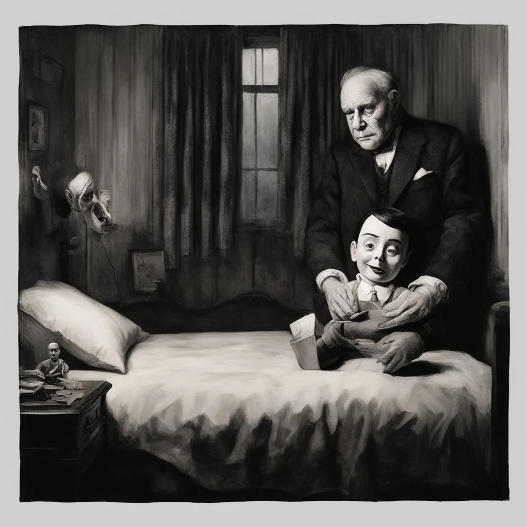 In a creepy dark shadowy bedroom during a foggy and rainy night, sitting in chair beside bed is a creepy ventriloquist dummy who is working a string marionette of a real-looking human puppet, creepy, eerie, scary, nightmarish surreal horror, photorealism, ghostly, by Edward Gorey, by Stephen Grammell, by Jeremy Mann.