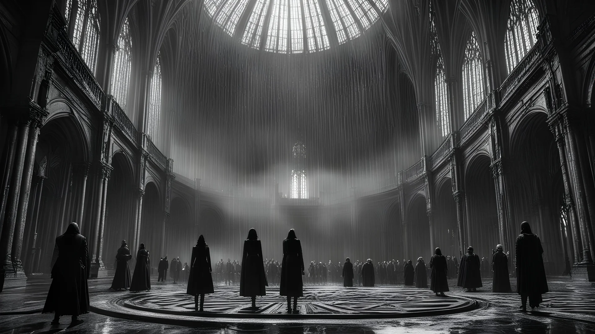 400 people man and women standing in a circle, one man in centre floating in the air above the ground, inside dark extremely large sci-fi old cathedral, high ceiling, goth style, dark room, rain, wet, photographic, black and white