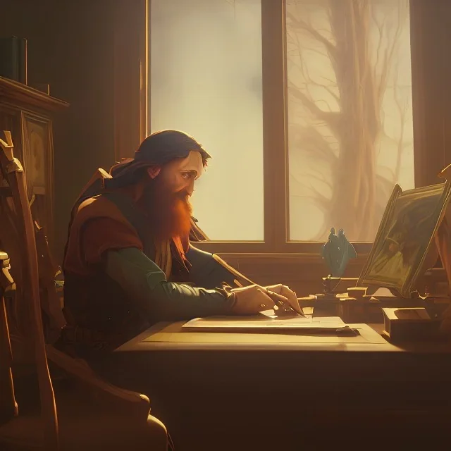 leonardo da vinci works in his study on a laptop at his desk. painting in photoshop. hyperdetailed, warm colors, movie poster, photoillustration, oil on canvas, lens flare