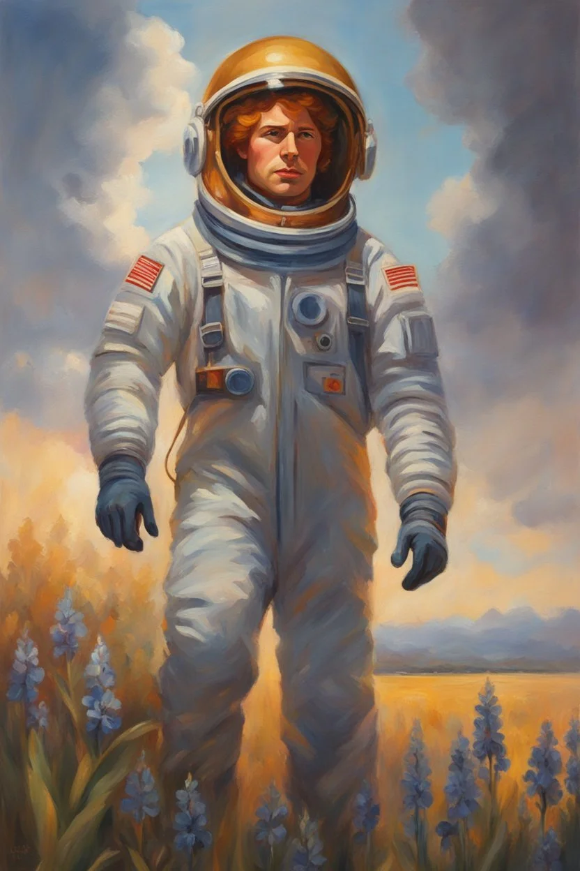 stunning painting of a soviet cosmonaut with ginger hair, iris field, epic clouds, ((painterly)), ((impressionist)), vibrant, soft edges, golden glow