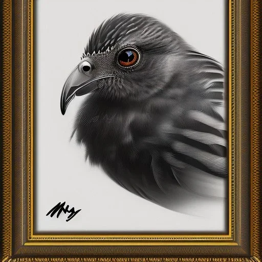 Techno style ink small bird picture in detailed frame, big black eyes, unreal engine 5, 8k resolution, photorealistic, ultra detailed, frame extreme accurate